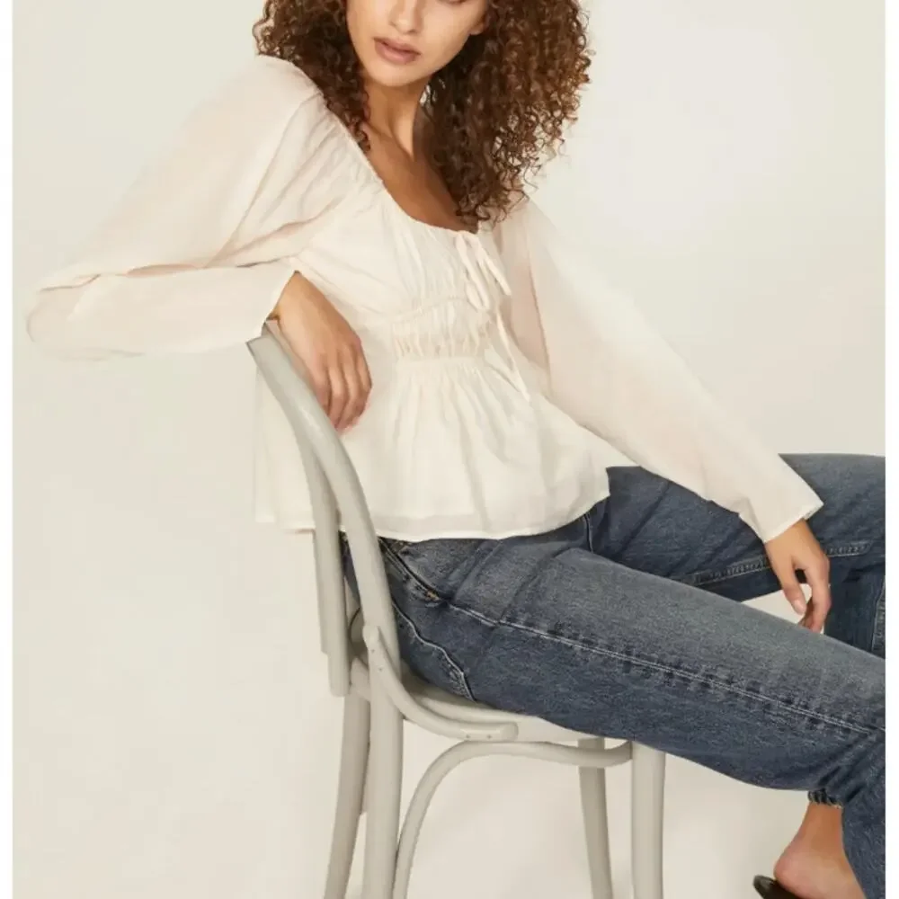 Something Navy Cream Peasant Top XS Milkmaid Pirate Prairie Crop Designer $135 - Picture 2 of 9